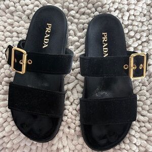 Prada Black Slides with Gold Buckle